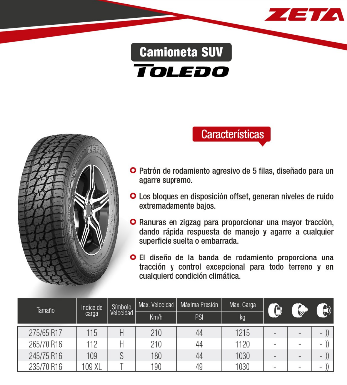 Llanta 265/70 R 16 112H Toledo Zeta