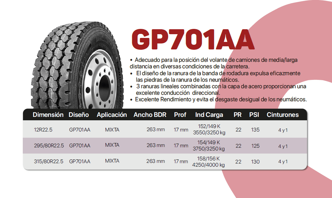 Llanta 295/80 R 22.5 GP701AA MIX GoldPartner