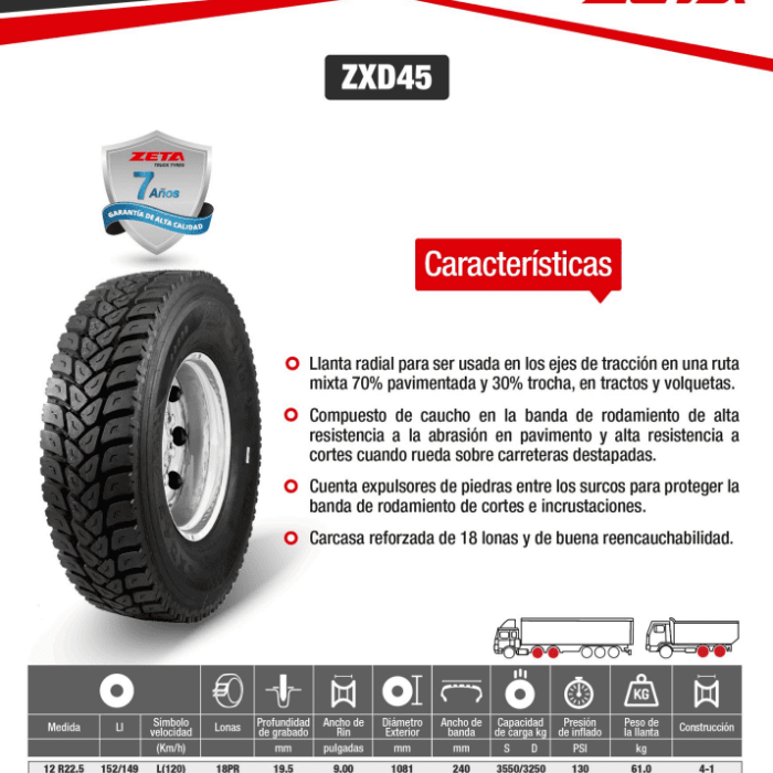 Llanta 295/80 R 22.5 18PR 152/149L ZXD45 TRAC MIX Zeta